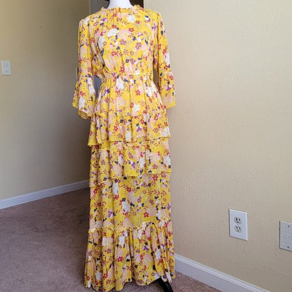 Yellow multicolored floral maxi tiered ruffle dress